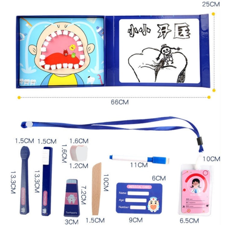 Children's wooden dentist role-play kit with dental cards, tools, and size diagram