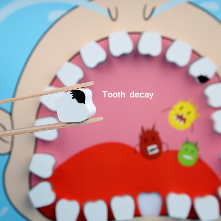 Children's wooden dentist role-play kit close-up with tooth-cleaning wooden tool