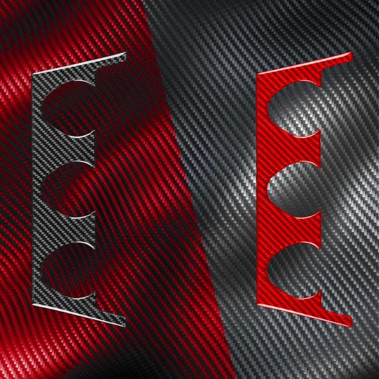 Air conditioning control panel sticker close-up, red and black carbon fiber side panels