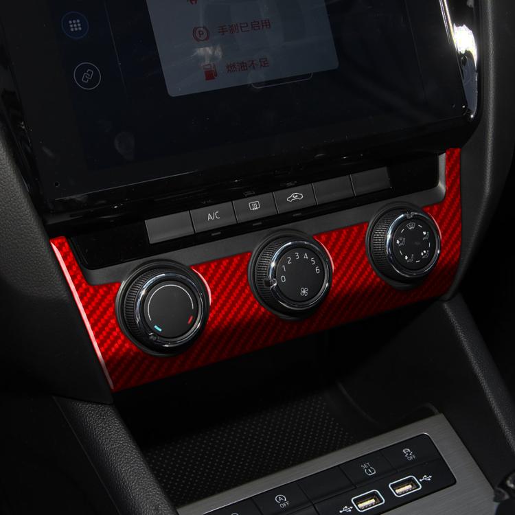 Air conditioning control panel sticker installed, red carbon fiber trim around controls