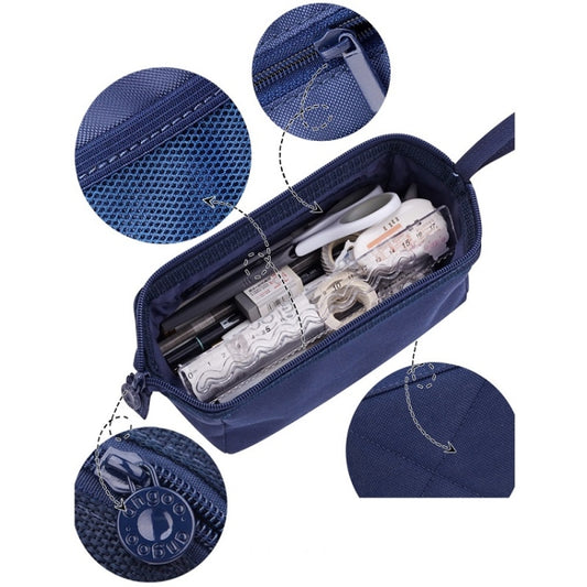 ANGOO navy pencil pouch with zipper open, fabric weave detail and seam close-up