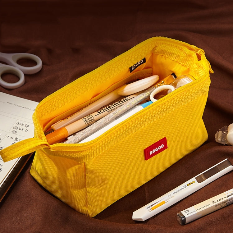 ANGOO yellow pencil pouch open with zipper, holding pens and stationery