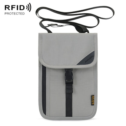 Light gray RFID passport holder with hanging neck strap and front flap pocket