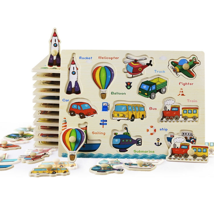 Wooden hand grab puzzle board with colorful transport icons, vehicles, boats, and planes