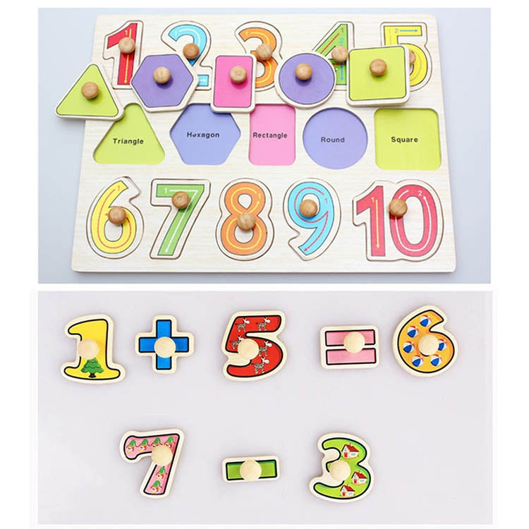 Wooden shape and number puzzle board with geometric tiles and digits 1–10