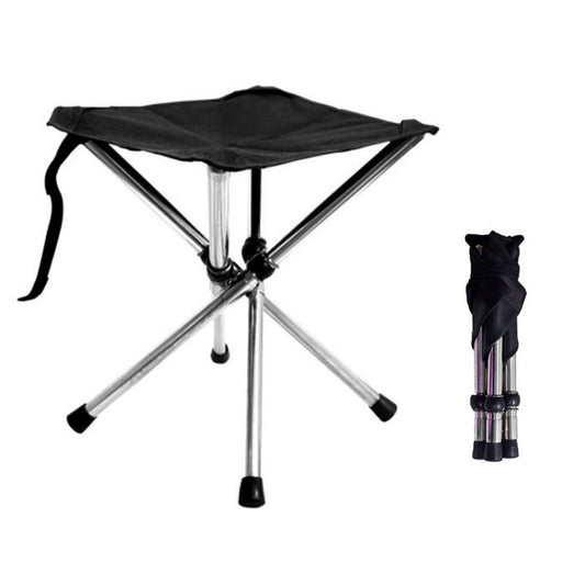 Portable folding stool with black fabric seat and matching black storage bag