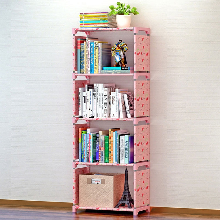 Children's bookshelf storage rack, pink frame with patterned side panels, four tiers
