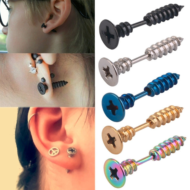 Screw stud earrings set in black, silver, blue, gold, and rainbow with star tops.