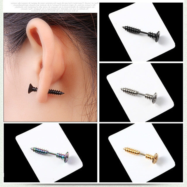Black star screw stud earrings on an ear, with straight posts.