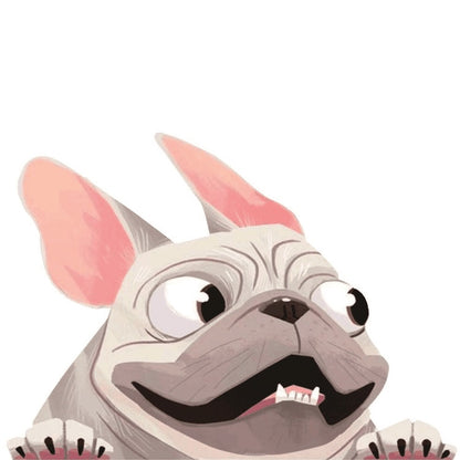 3D cartoon gray pug vinyl car window decal, pink ears and open mouth grin