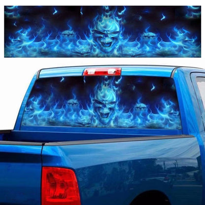 Car rear window sticker with blue burning skull and flame graphic design