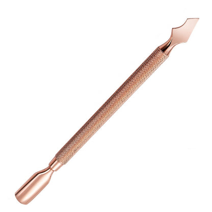 Rose-gold double-headed push dead skin nail scissors with textured grip handle.