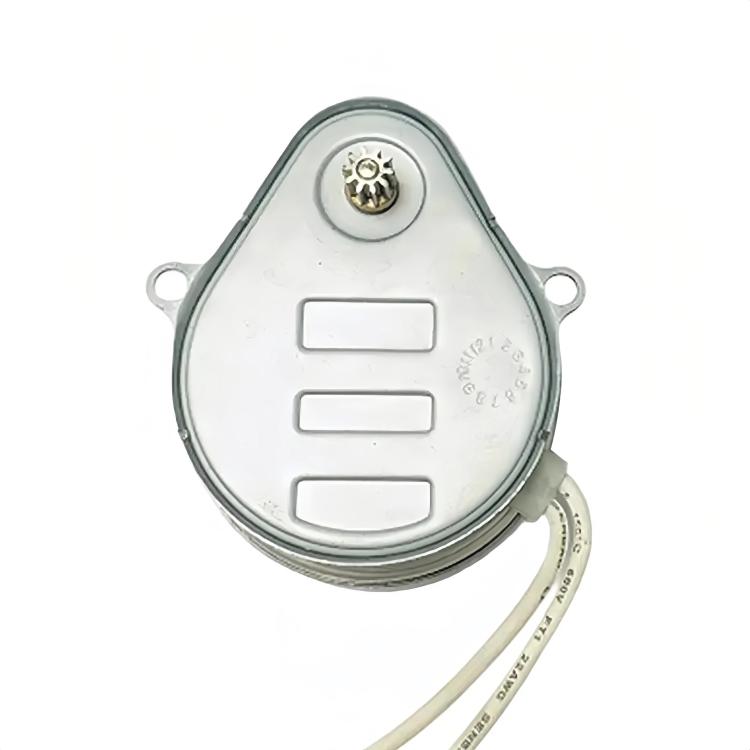 Two-way valve actuator motor with white front panel, oval metal body, and power wires