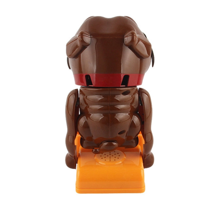 Brown poodle novelty trick toy front view with orange base and open mouth