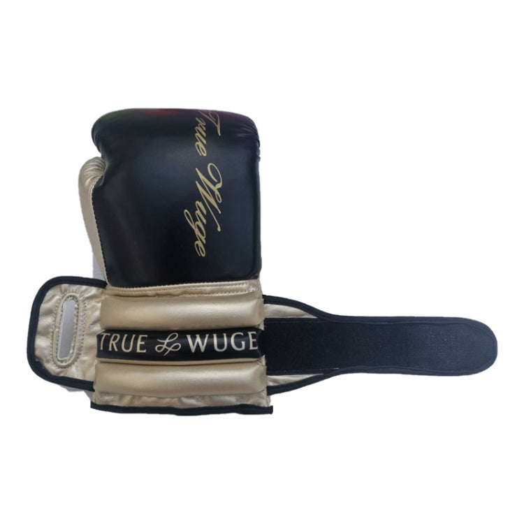 Black half-finger boxing glove with beige wrist strap and gold logo