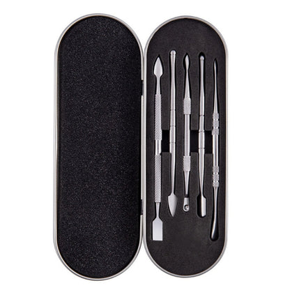 Nail art tool set in closed oval case with black foam and assorted silver metal tips