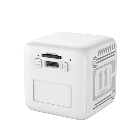 Mini wireless battery-powered camera, white side view with power and storage ports