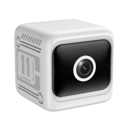 Mini wireless battery-powered camera, white body with front lens and vent details