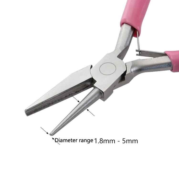 Pink-handled semi-recessed nose pliers; jaw diameter range 1.8–5mm shown