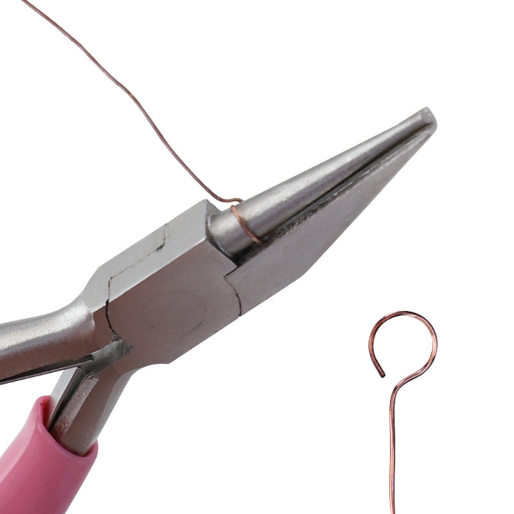 Wire winding pliers with metal jaws and pink grips; close-up of tip opening