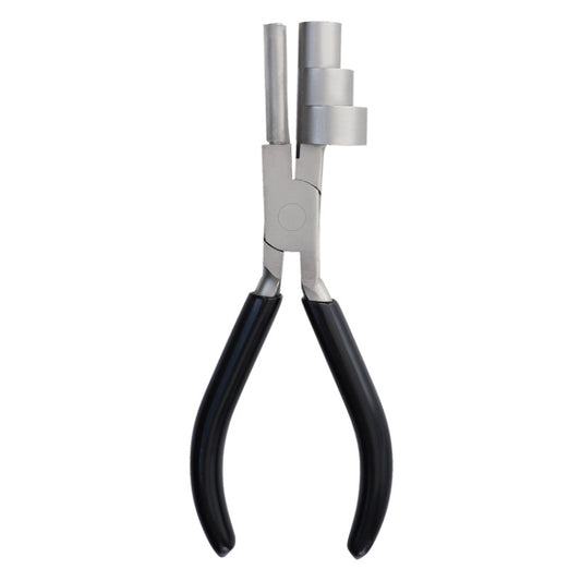 Mini 3-section round nose pliers with black handles and silver metal jaws