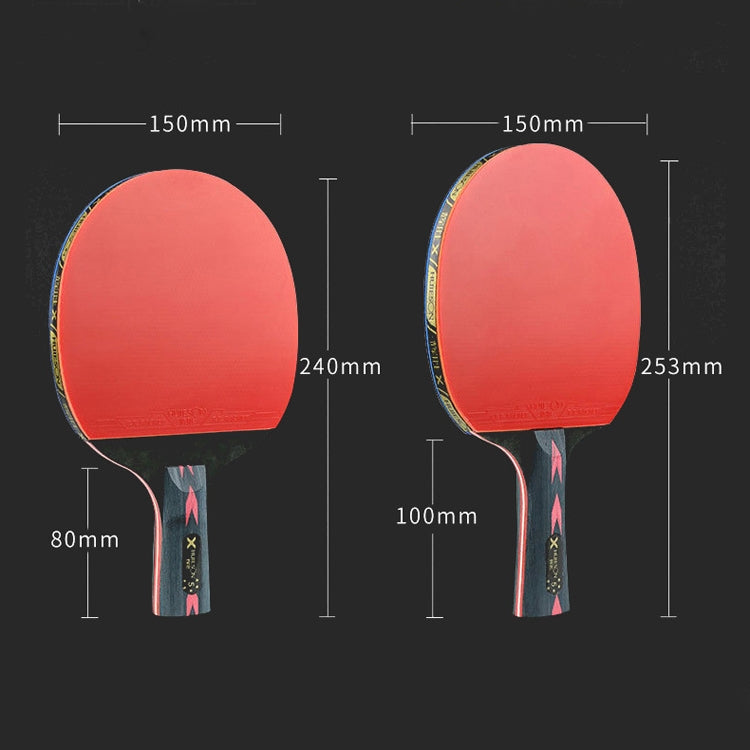 Table tennis training paddles with red faces and black handles; size diagram