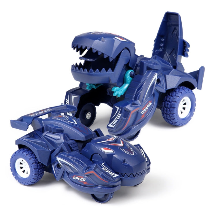 Blue dinosaur-themed deforming toy car with sharp teeth and chunky white wheels
