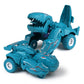 Teal dinosaur-themed deforming toy car with jagged teeth and white-spoked wheels
