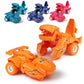 Assorted colored dinosaur deforming toy cars: orange, blue, teal, and pink, 2-pack look