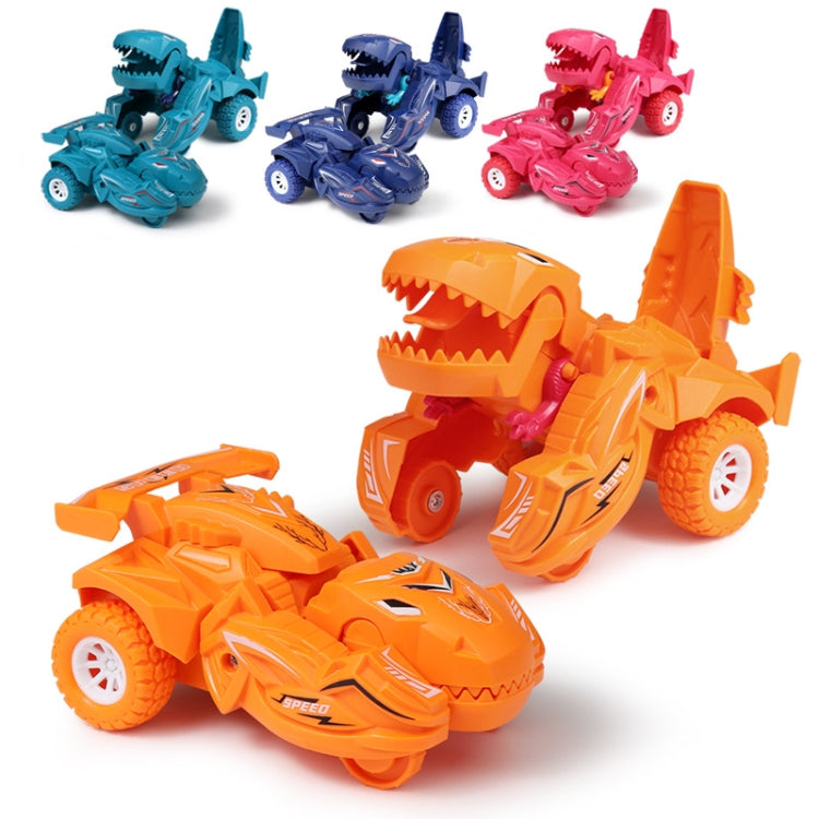 Assorted colored dinosaur deforming toy cars: orange, blue, teal, and pink, 2-pack look