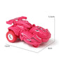 Pink dinosaur-themed deforming toy car, side view with molded wheels and toy dimensions