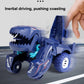 Blue dinosaur deforming toy car held by a hand, showing inertial sliding play