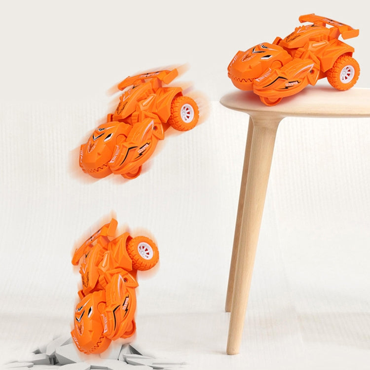 Orange dinosaur deforming toy cars on a wooden ramp, small wheels and jagged head