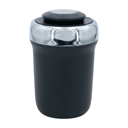 Car ashtray with hinged cover, matte black body and silver top ring