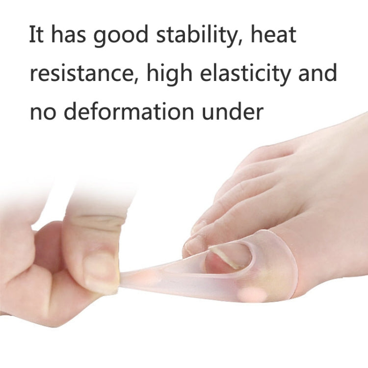 Light pink toe cap being stretched onto a toe, open design around nail