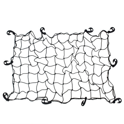 Black cargo net bag for car roof storage, flexible grid with corner loops