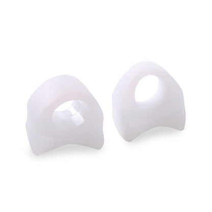 Soft translucent toe separator covers, two-piece pair with rounded toe openings, light white.