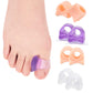Soft toe separator pads on foot, with peach, purple, and transparent styles.