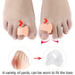 Peach toe separator on toes with arrows showing how it fits between toes.