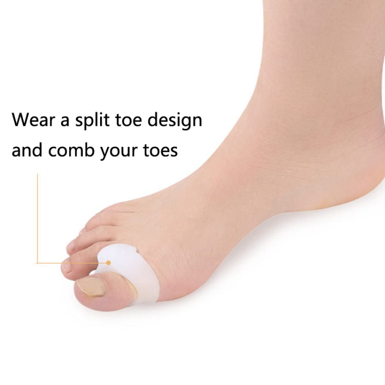 Translucent split toe design separator pad worn on the foot for toe alignment.