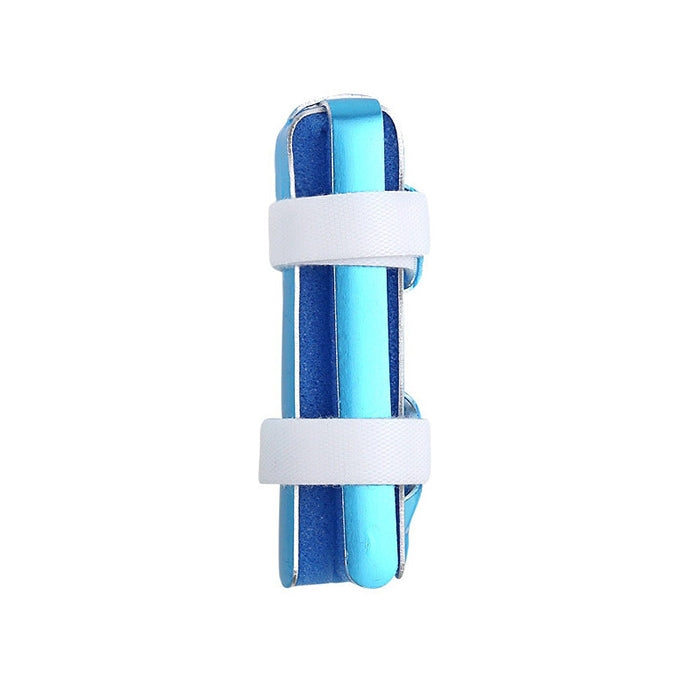 Blue finger splint with white straps, straight rigid insert for joint protection