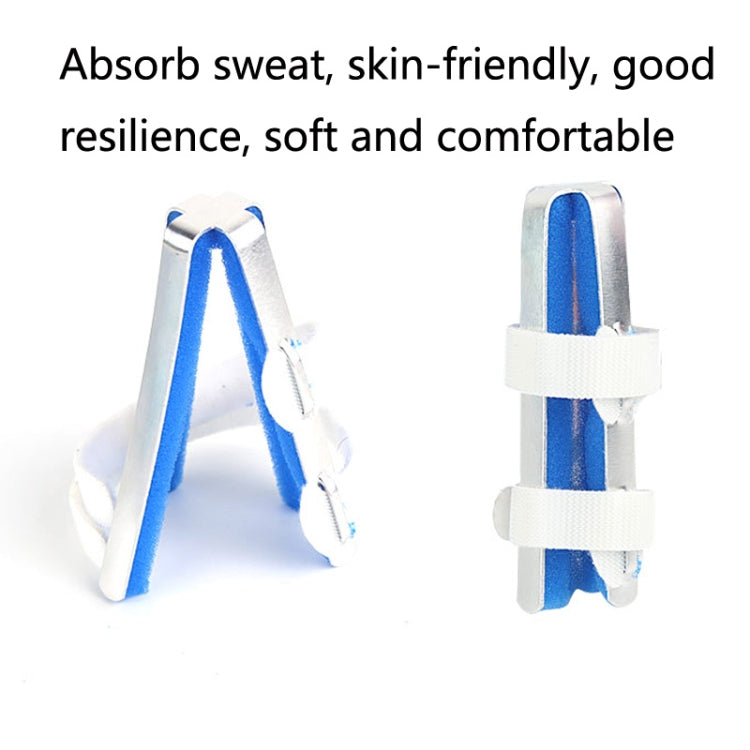 Blue finger splint with white straps, showing curved support and cushioned padding