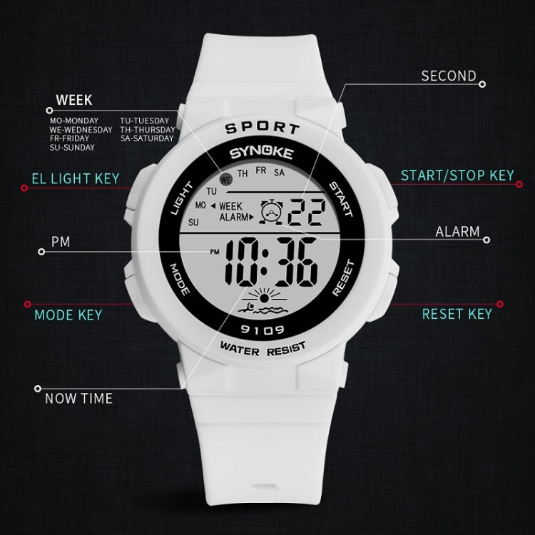 SYNOKE white silicone sport watch with button layout around the case
