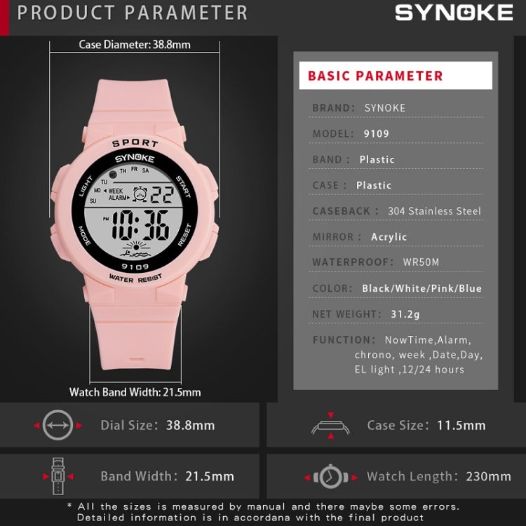 SYNOKE 9109 pink sport watch infographic with case and band dimension details