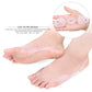 White split-toe foot corrector belt worn on bare feet with toe divider