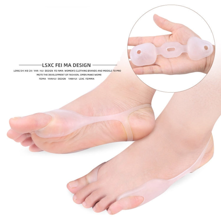 White split-toe foot corrector belt worn on bare feet with toe divider