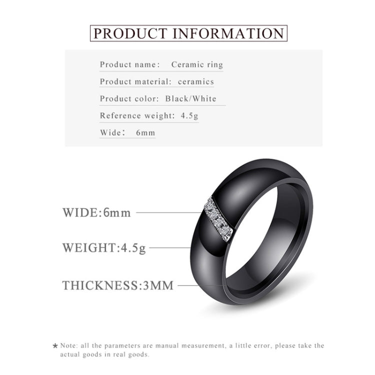 Black ceramic ring with zircon crystal inlay band, wide profile