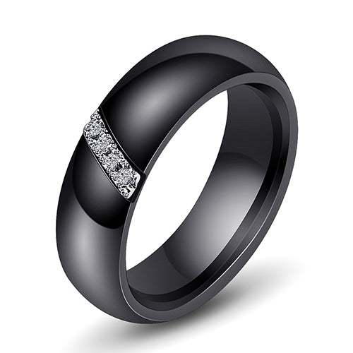 Matte black ceramic zircon ring with bright crystal inlay on the band