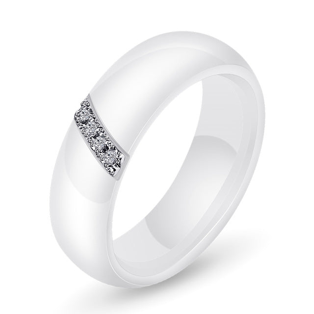 White ceramic zircon inlay ring, side profile view