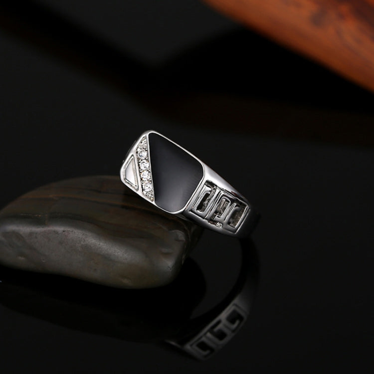 Silver-tone enamel signet ring with black panel and sparkling rhinestones on top